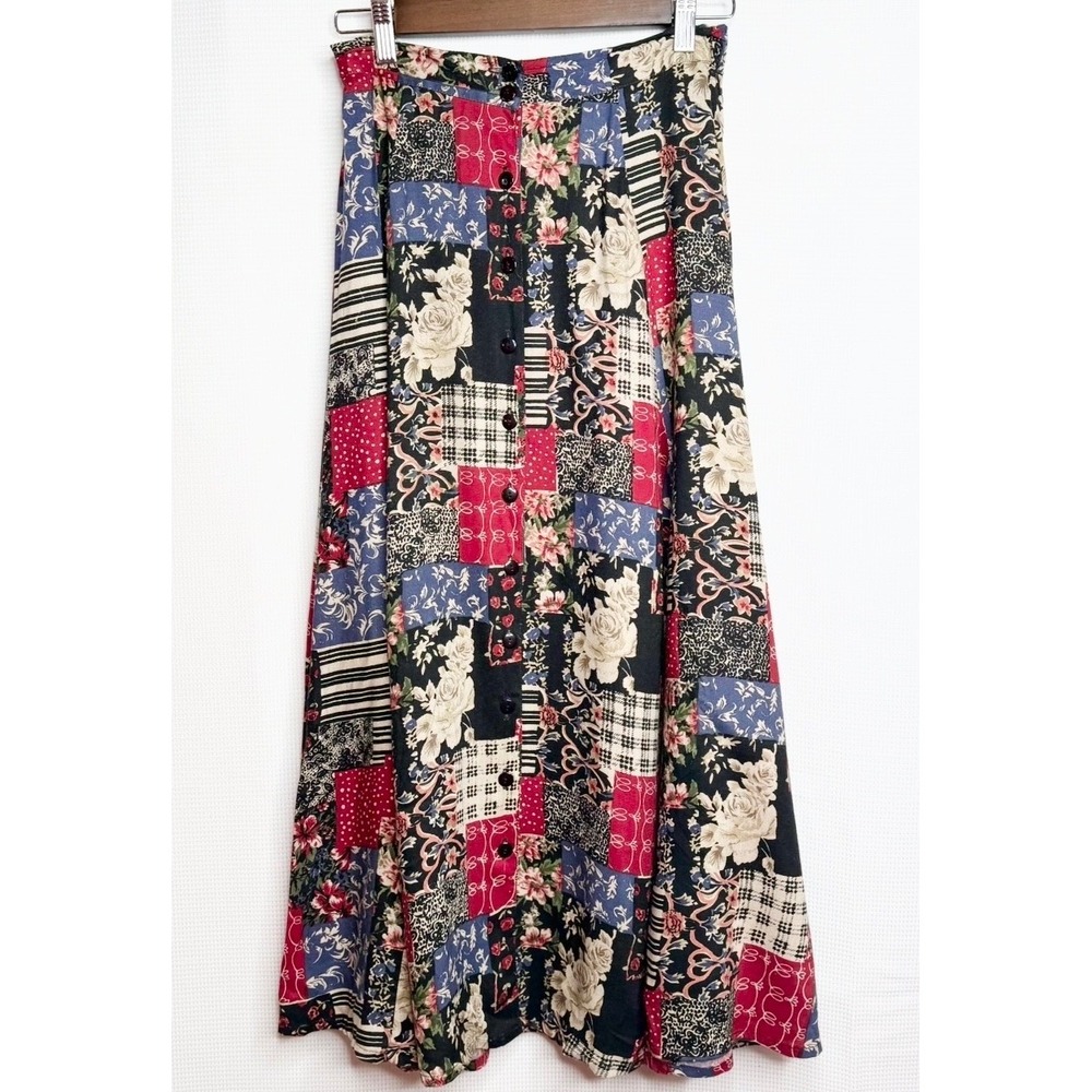 Vintage 90's Boho Patchwork Floral Maxi Skirt Grannycore Cottagecore Retro